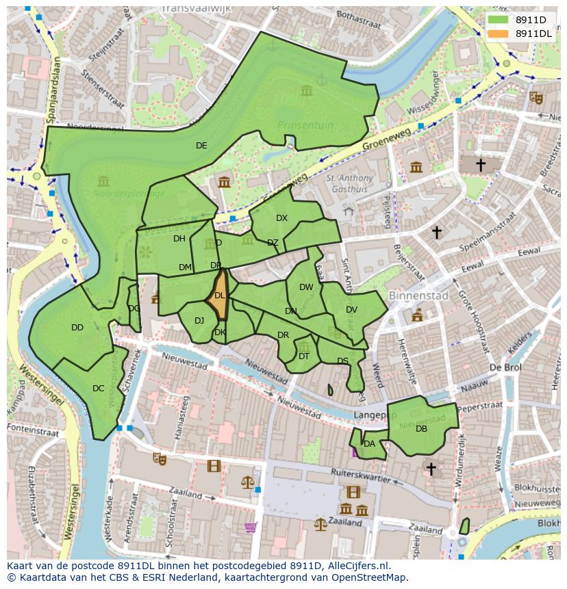 Afbeelding van het postcodegebied 8911 DL op de kaart.