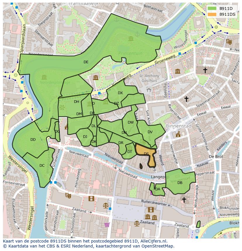 Afbeelding van het postcodegebied 8911 DS op de kaart.