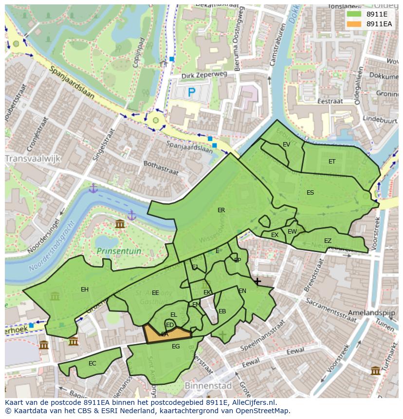 Afbeelding van het postcodegebied 8911 EA op de kaart.