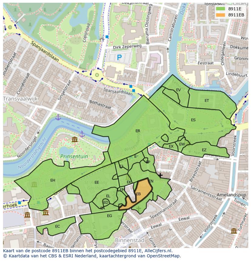 Afbeelding van het postcodegebied 8911 EB op de kaart.
