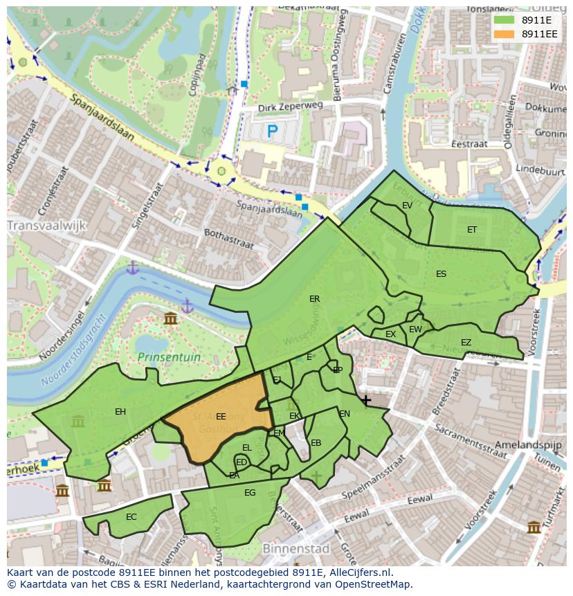 Afbeelding van het postcodegebied 8911 EE op de kaart.