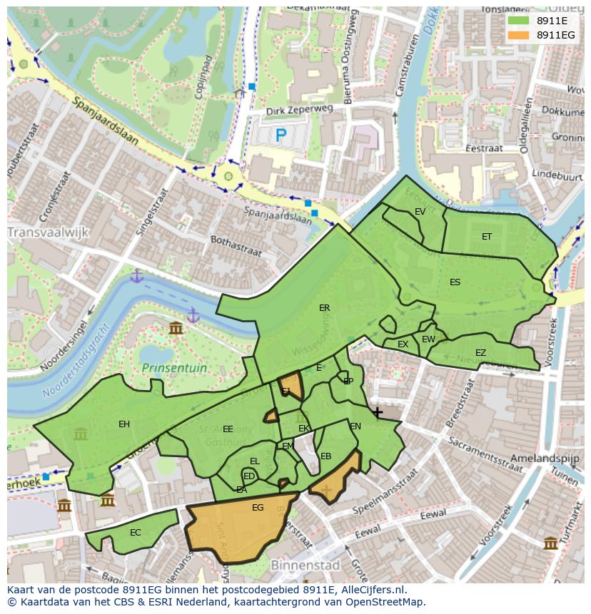Afbeelding van het postcodegebied 8911 EG op de kaart.