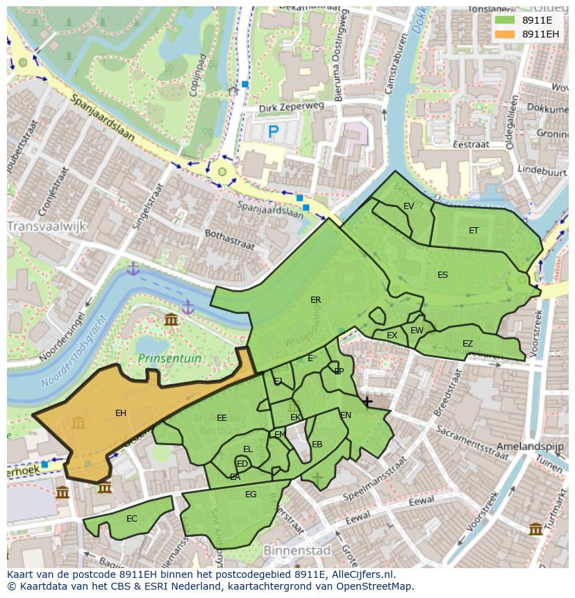 Afbeelding van het postcodegebied 8911 EH op de kaart.
