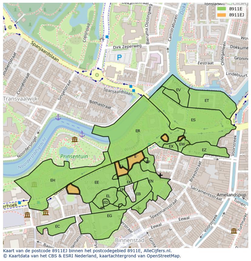 Afbeelding van het postcodegebied 8911 EJ op de kaart.