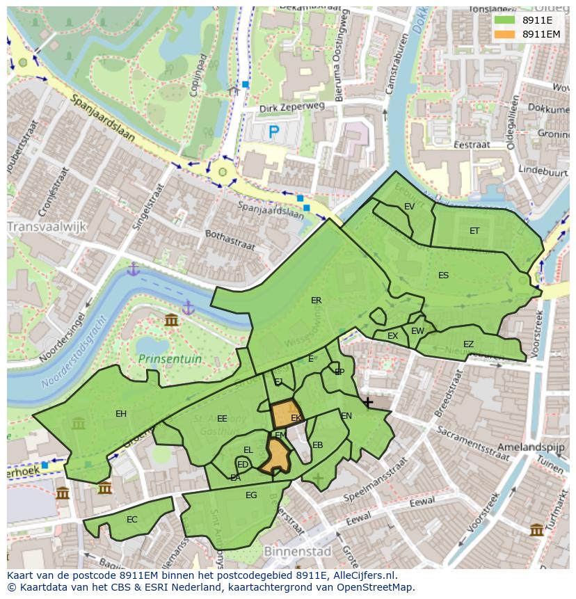 Afbeelding van het postcodegebied 8911 EM op de kaart.