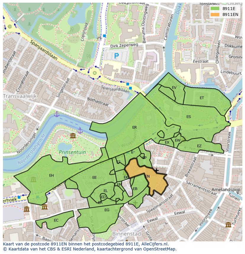 Afbeelding van het postcodegebied 8911 EN op de kaart.