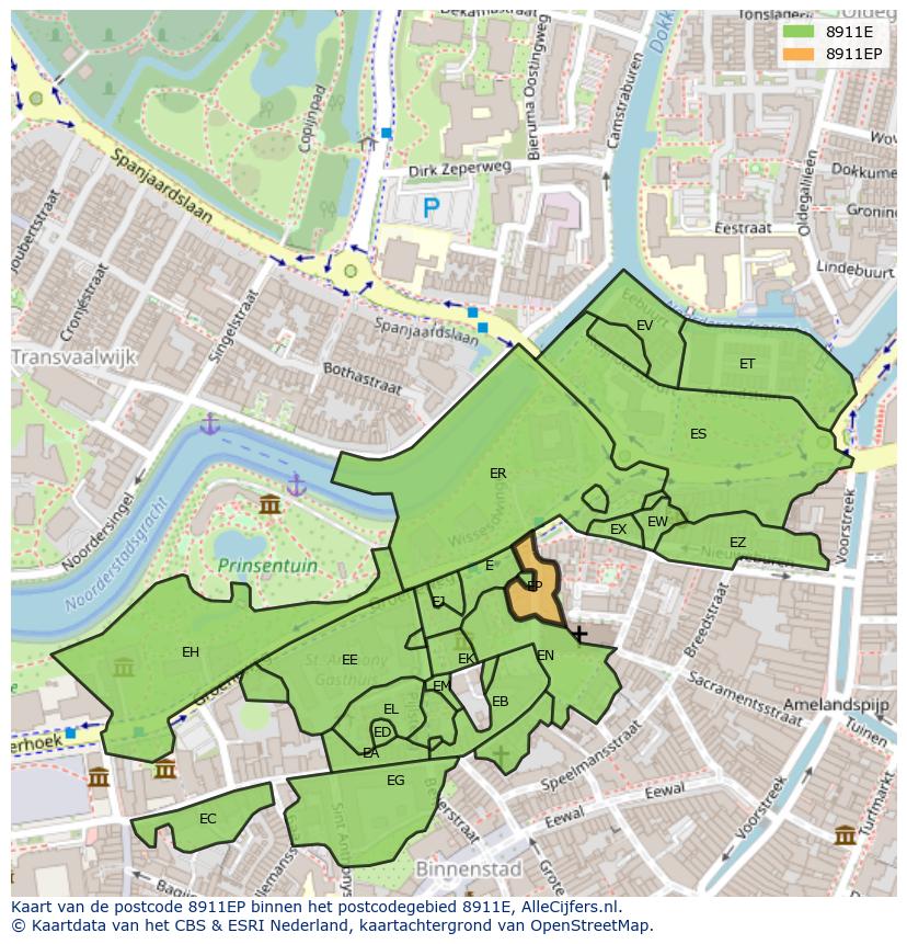 Afbeelding van het postcodegebied 8911 EP op de kaart.