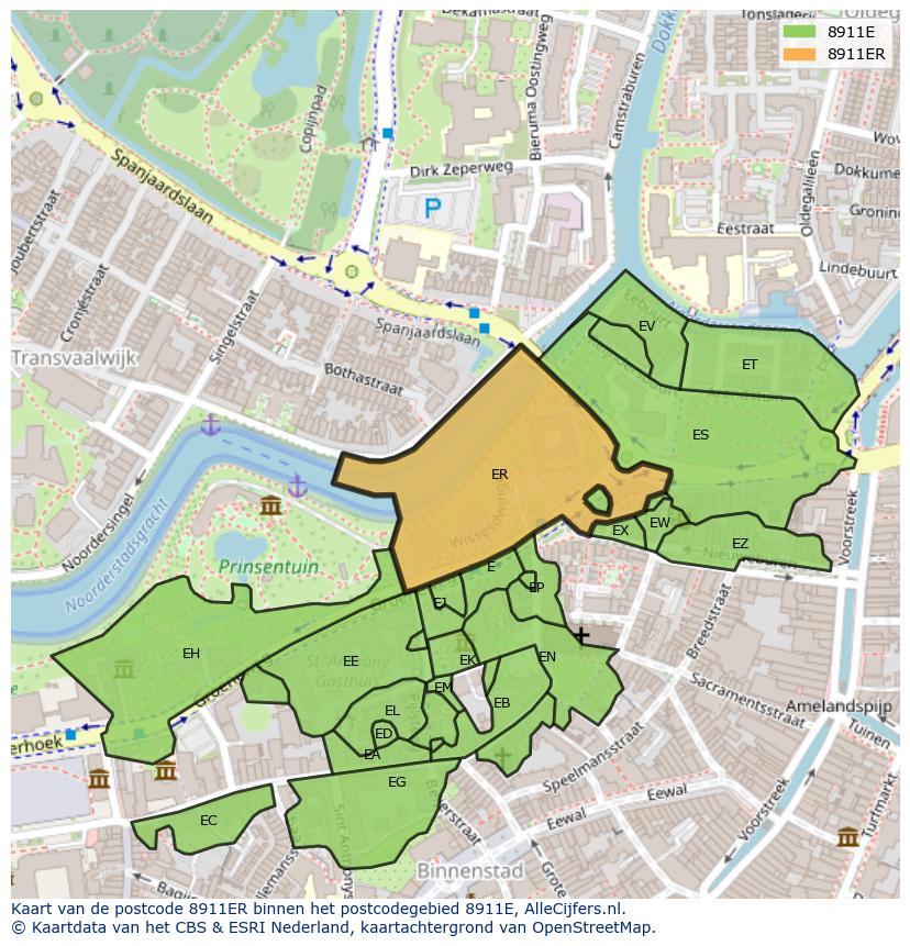 Afbeelding van het postcodegebied 8911 ER op de kaart.
