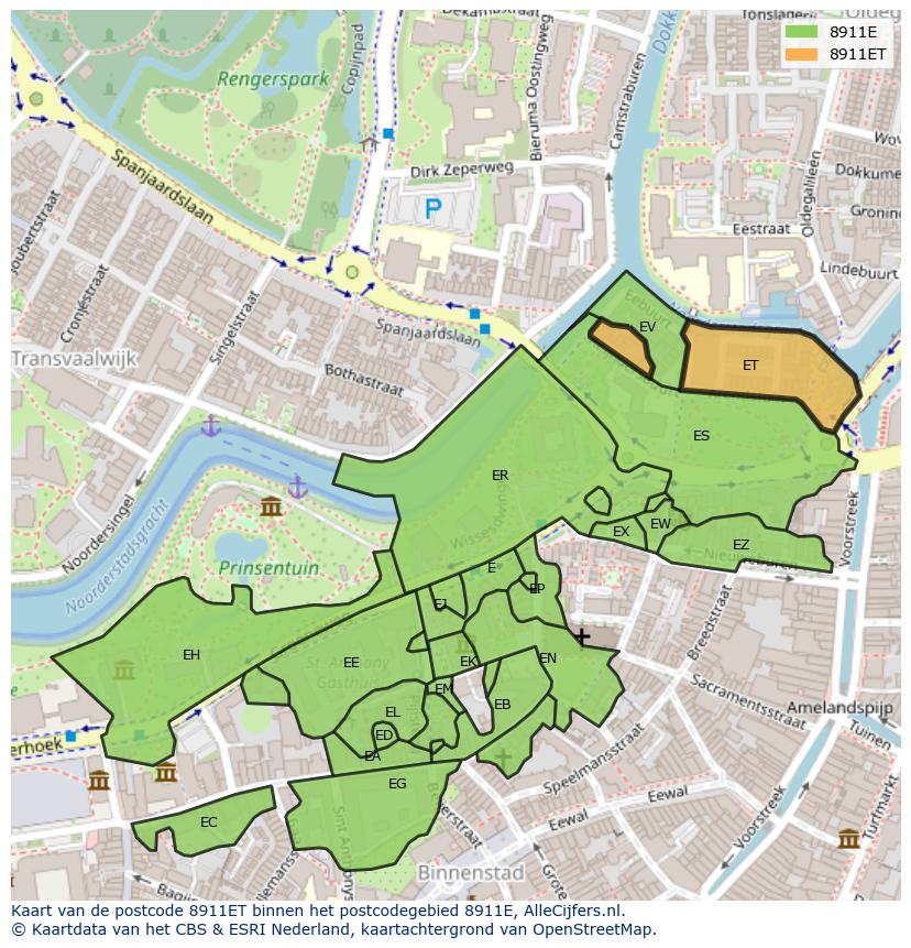 Afbeelding van het postcodegebied 8911 ET op de kaart.
