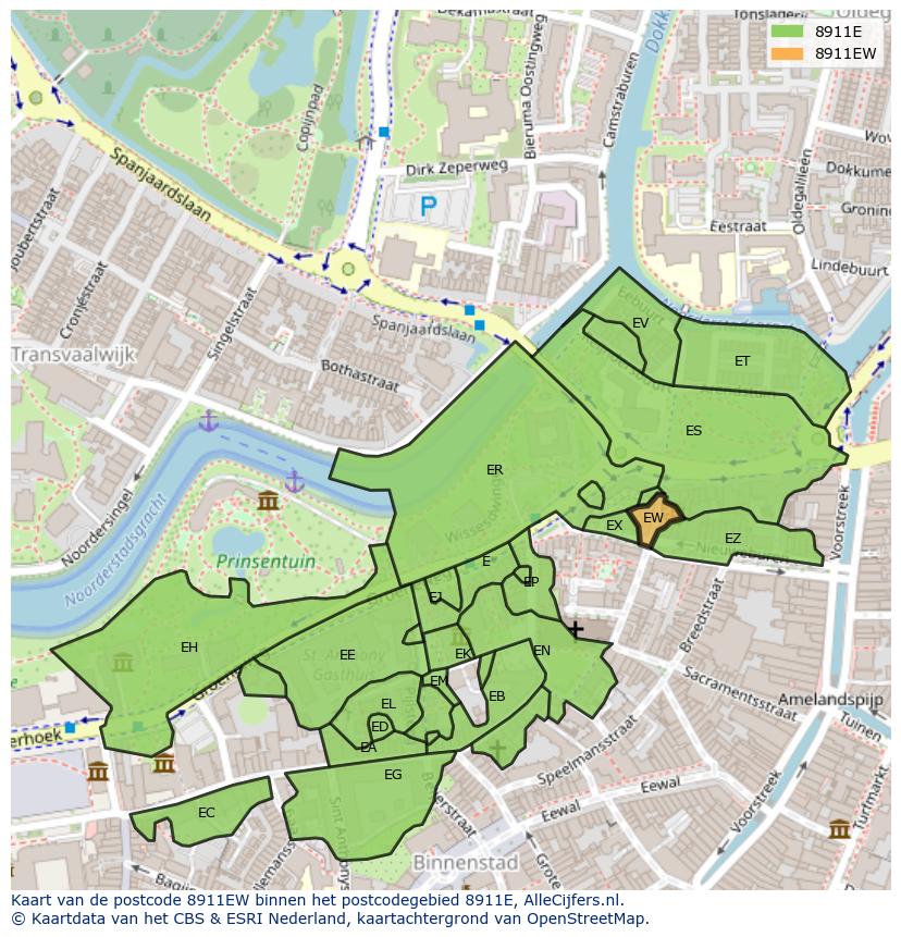 Afbeelding van het postcodegebied 8911 EW op de kaart.