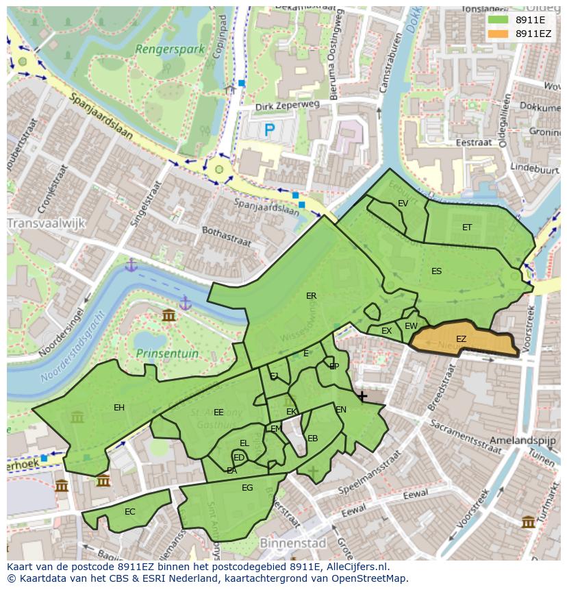 Afbeelding van het postcodegebied 8911 EZ op de kaart.
