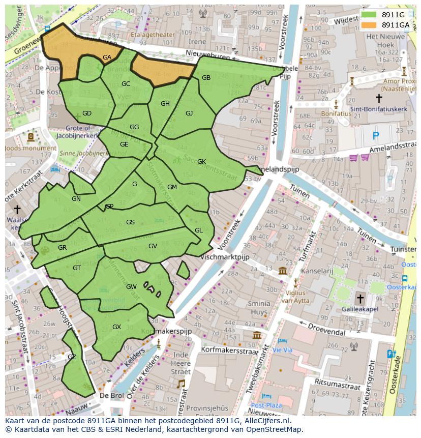 Afbeelding van het postcodegebied 8911 GA op de kaart.