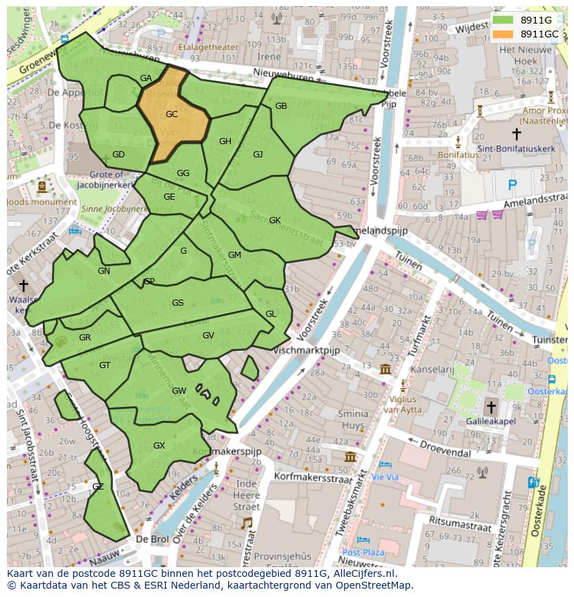 Afbeelding van het postcodegebied 8911 GC op de kaart.