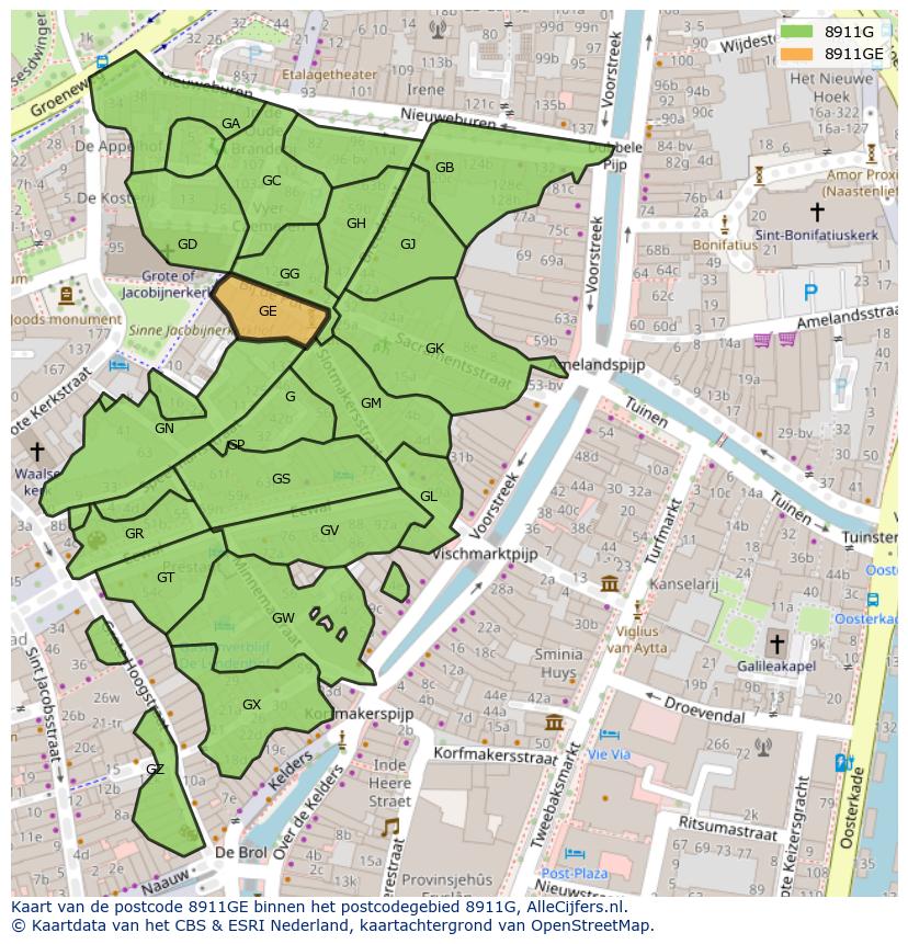 Afbeelding van het postcodegebied 8911 GE op de kaart.