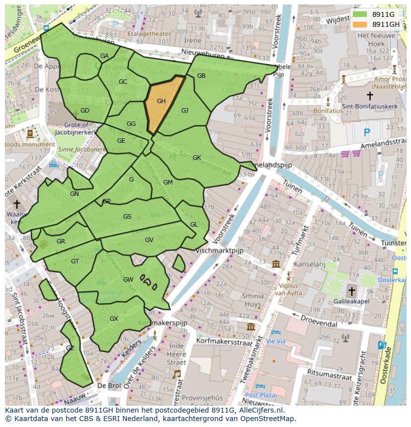 Afbeelding van het postcodegebied 8911 GH op de kaart.
