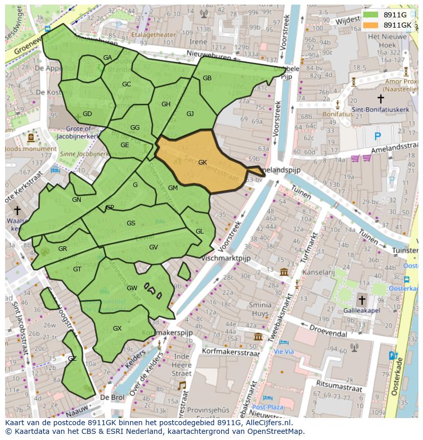 Afbeelding van het postcodegebied 8911 GK op de kaart.