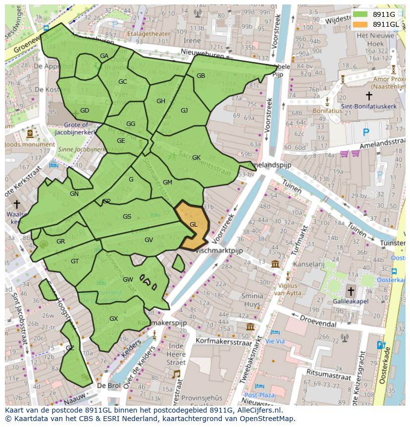 Afbeelding van het postcodegebied 8911 GL op de kaart.