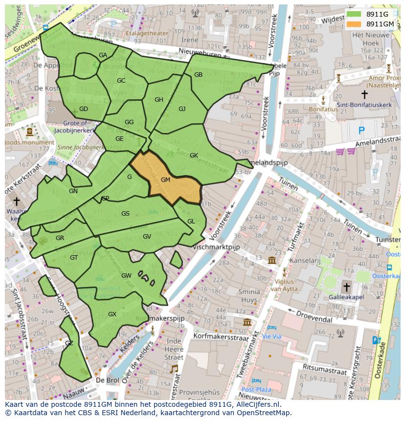 Afbeelding van het postcodegebied 8911 GM op de kaart.