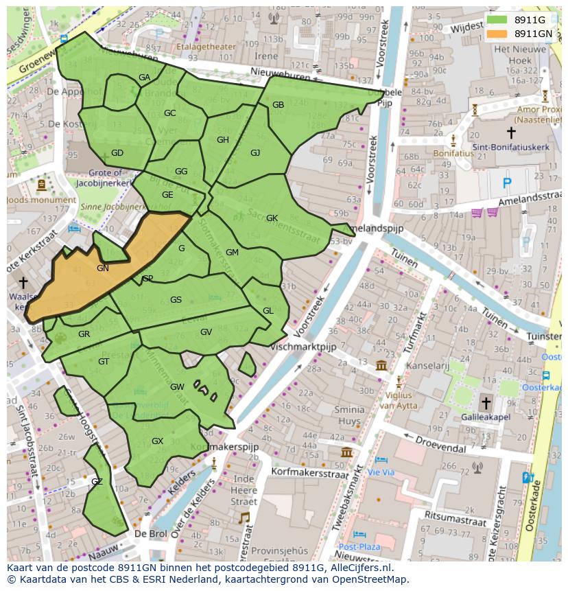 Afbeelding van het postcodegebied 8911 GN op de kaart.