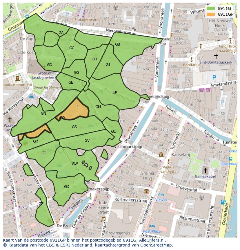 Afbeelding van het postcodegebied 8911 GP op de kaart.