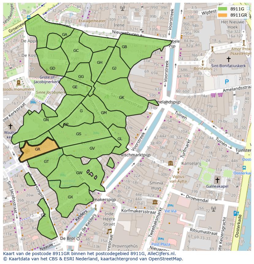Afbeelding van het postcodegebied 8911 GR op de kaart.