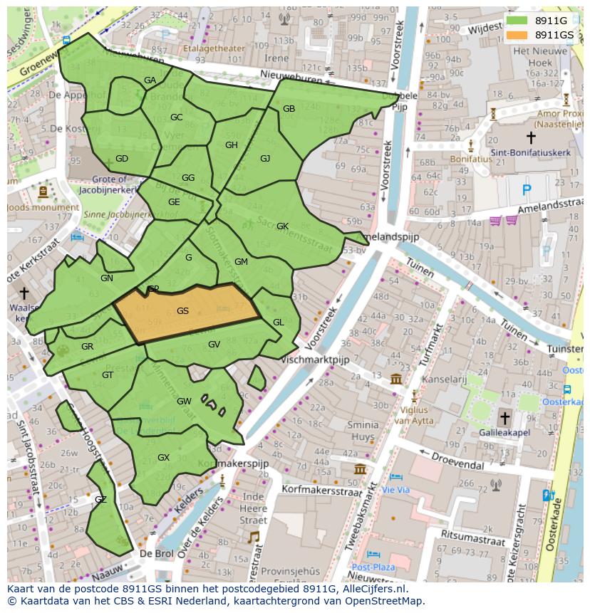 Afbeelding van het postcodegebied 8911 GS op de kaart.