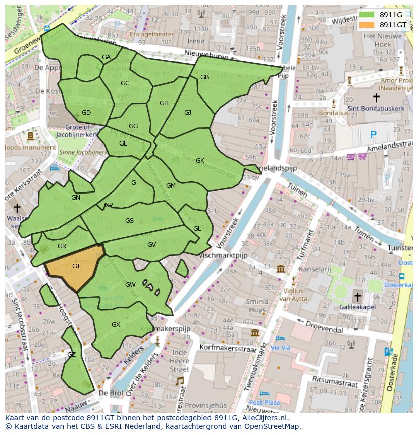 Afbeelding van het postcodegebied 8911 GT op de kaart.