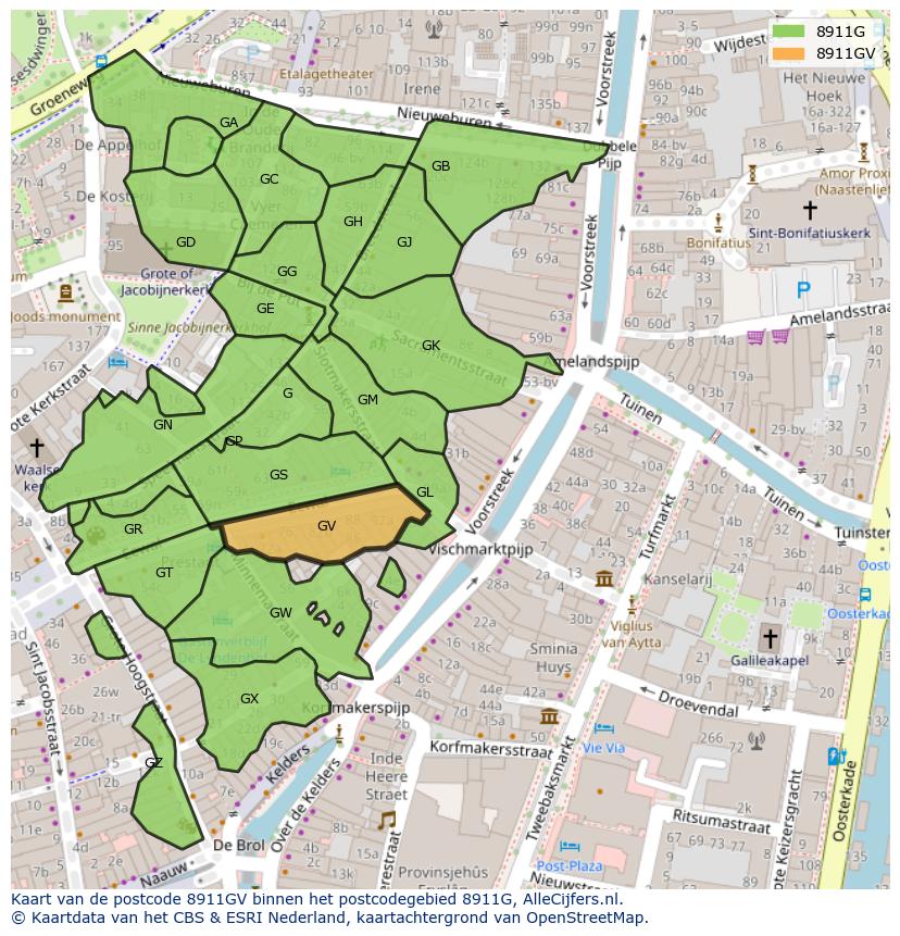 Afbeelding van het postcodegebied 8911 GV op de kaart.