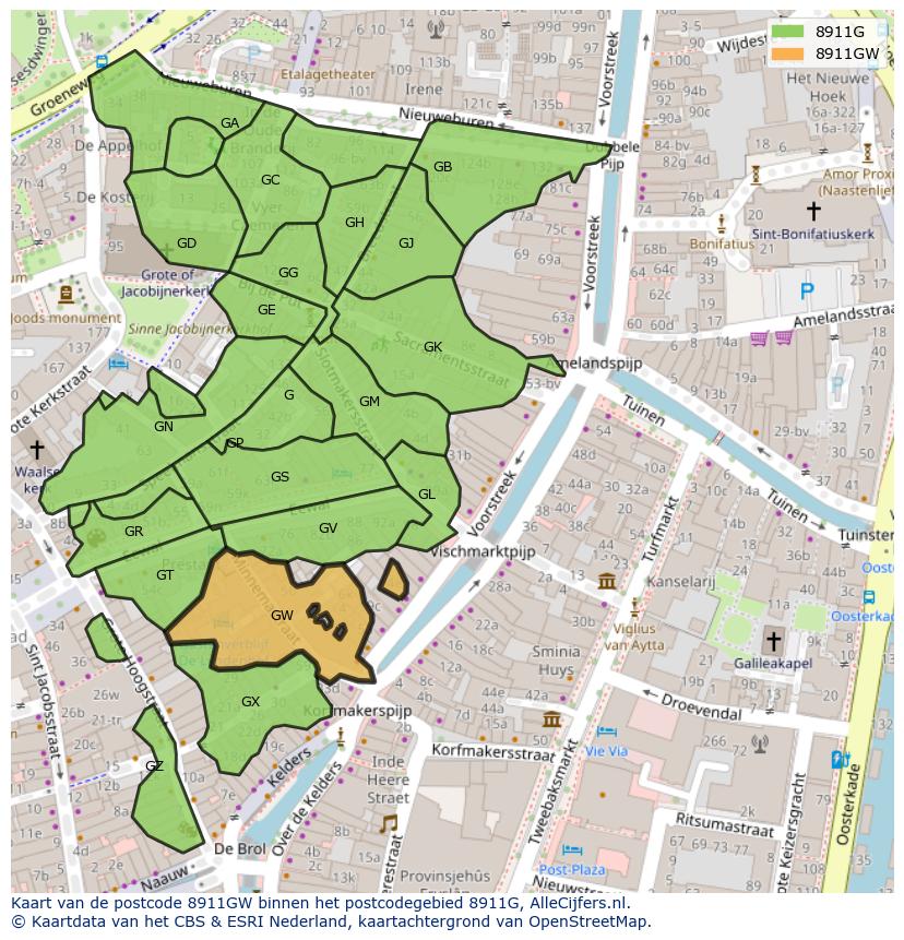 Afbeelding van het postcodegebied 8911 GW op de kaart.