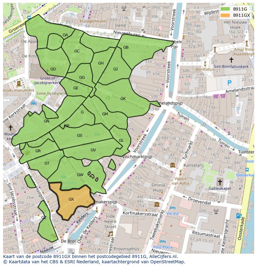 Afbeelding van het postcodegebied 8911 GX op de kaart.