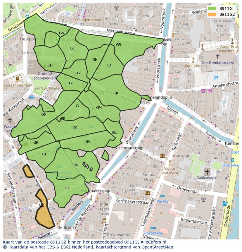 Afbeelding van het postcodegebied 8911 GZ op de kaart.