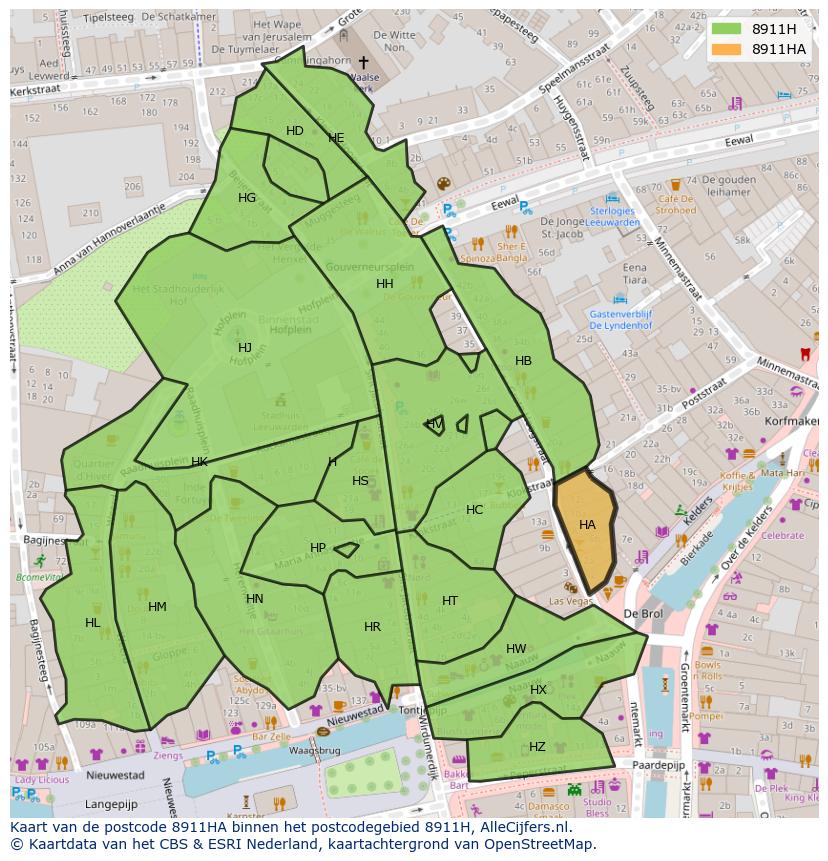 Afbeelding van het postcodegebied 8911 HA op de kaart.
