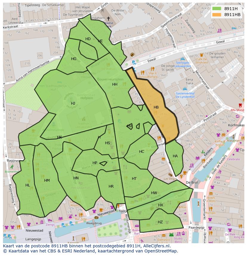 Afbeelding van het postcodegebied 8911 HB op de kaart.