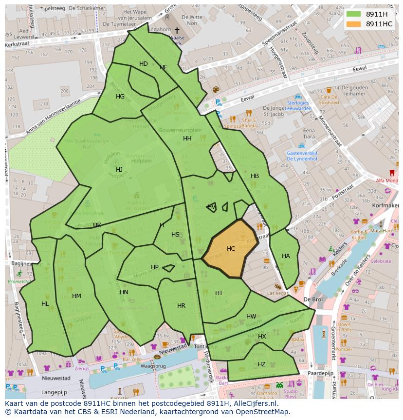 Afbeelding van het postcodegebied 8911 HC op de kaart.