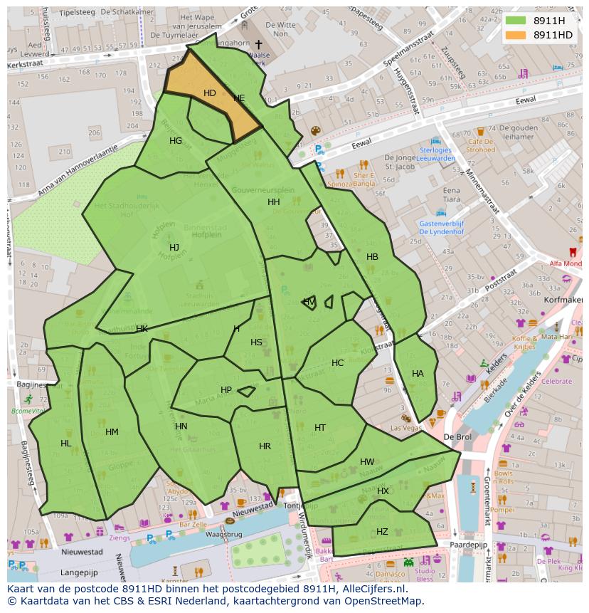 Afbeelding van het postcodegebied 8911 HD op de kaart.