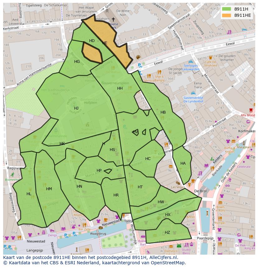 Afbeelding van het postcodegebied 8911 HE op de kaart.