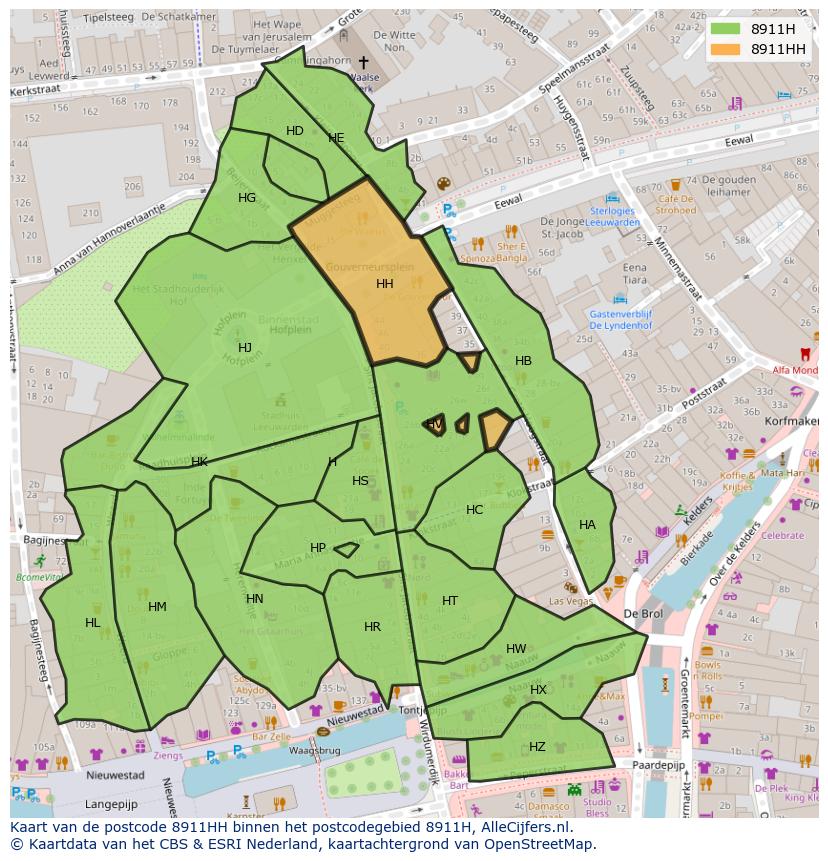 Afbeelding van het postcodegebied 8911 HH op de kaart.