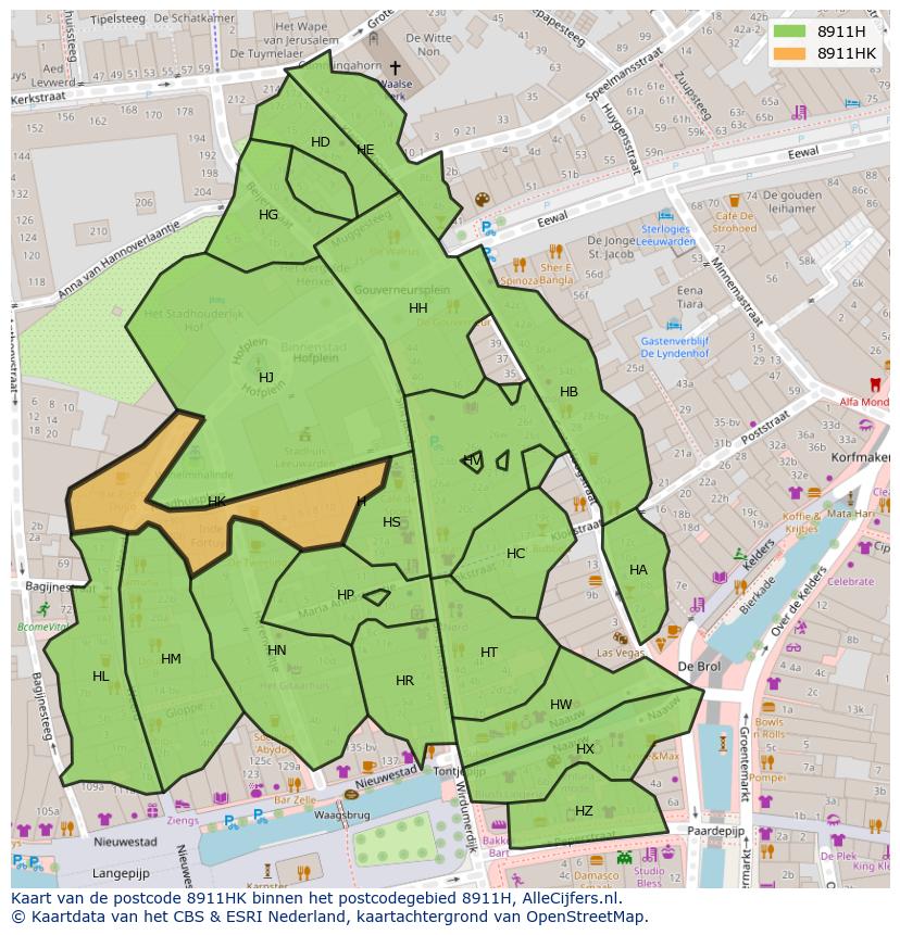 Afbeelding van het postcodegebied 8911 HK op de kaart.