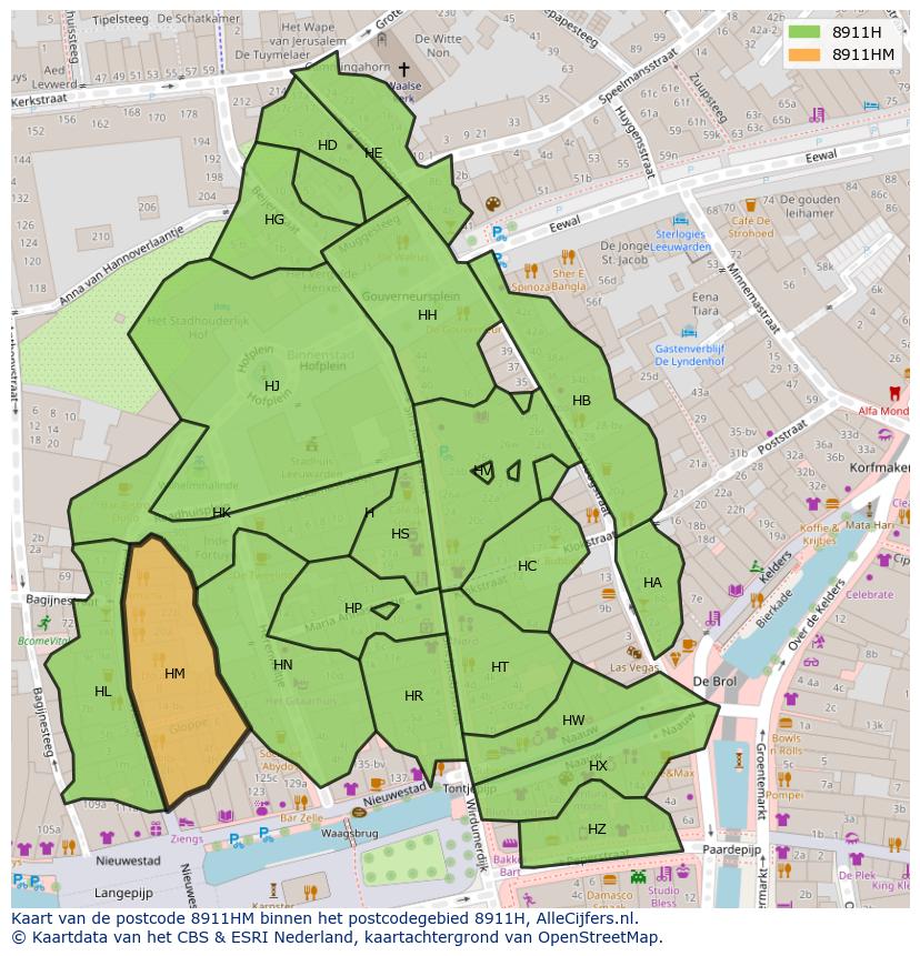 Afbeelding van het postcodegebied 8911 HM op de kaart.