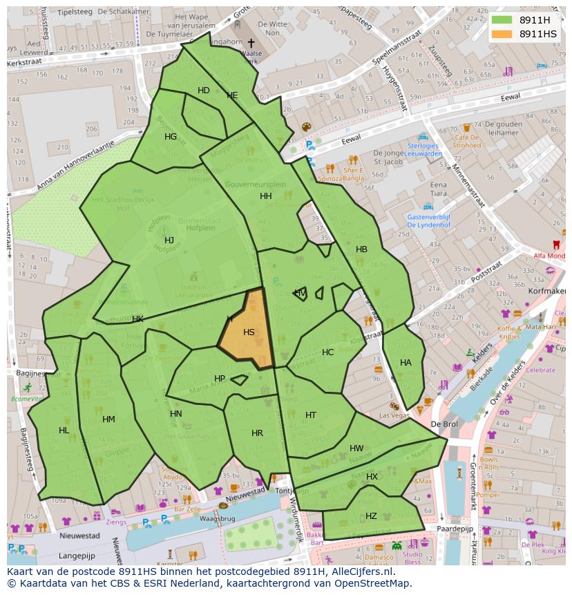 Afbeelding van het postcodegebied 8911 HS op de kaart.