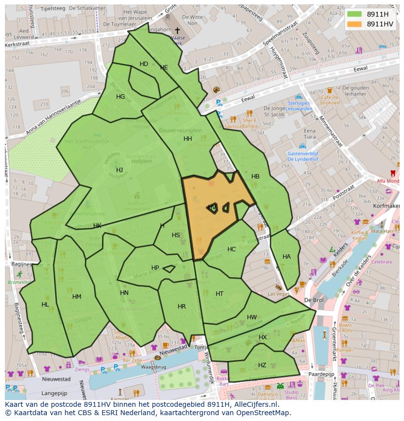 Afbeelding van het postcodegebied 8911 HV op de kaart.