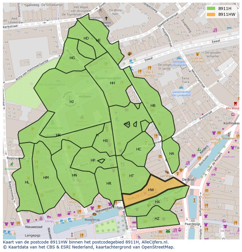 Afbeelding van het postcodegebied 8911 HW op de kaart.