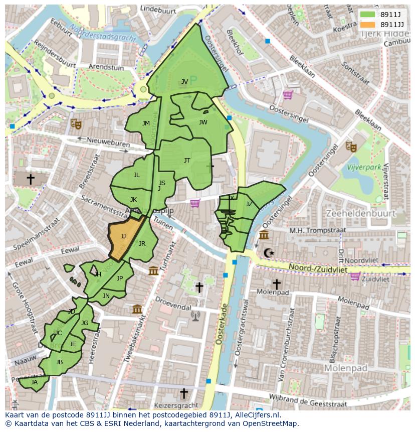Afbeelding van het postcodegebied 8911 JJ op de kaart.