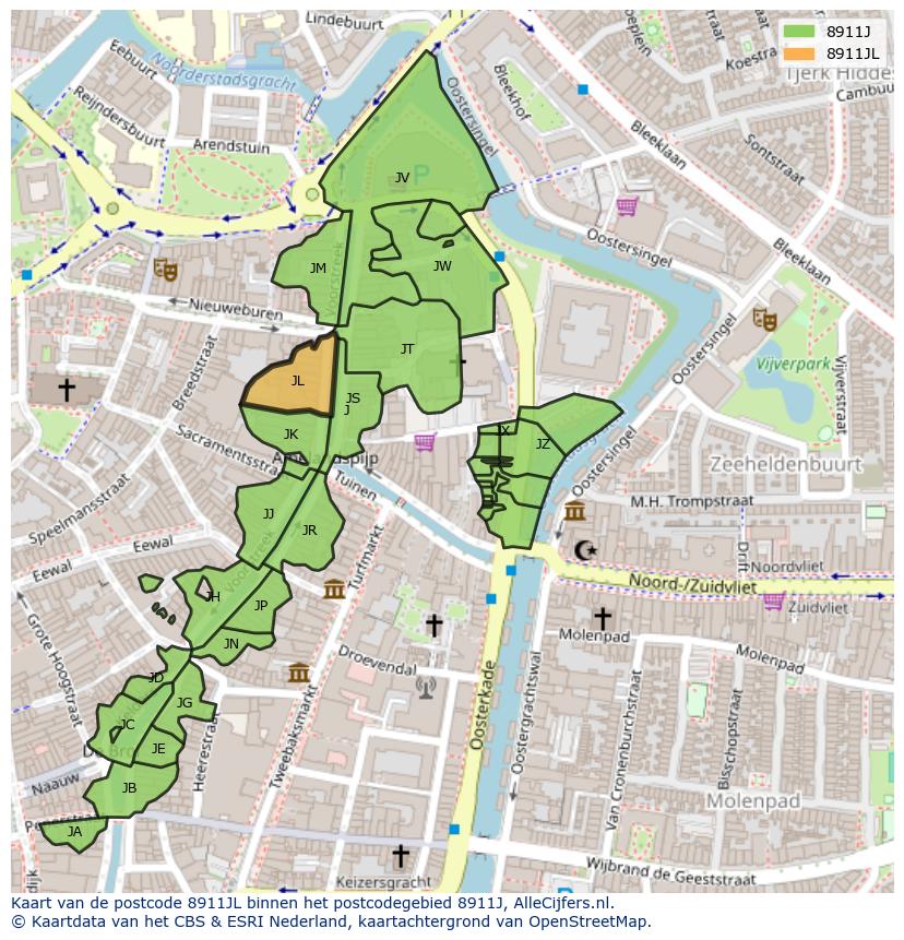 Afbeelding van het postcodegebied 8911 JL op de kaart.