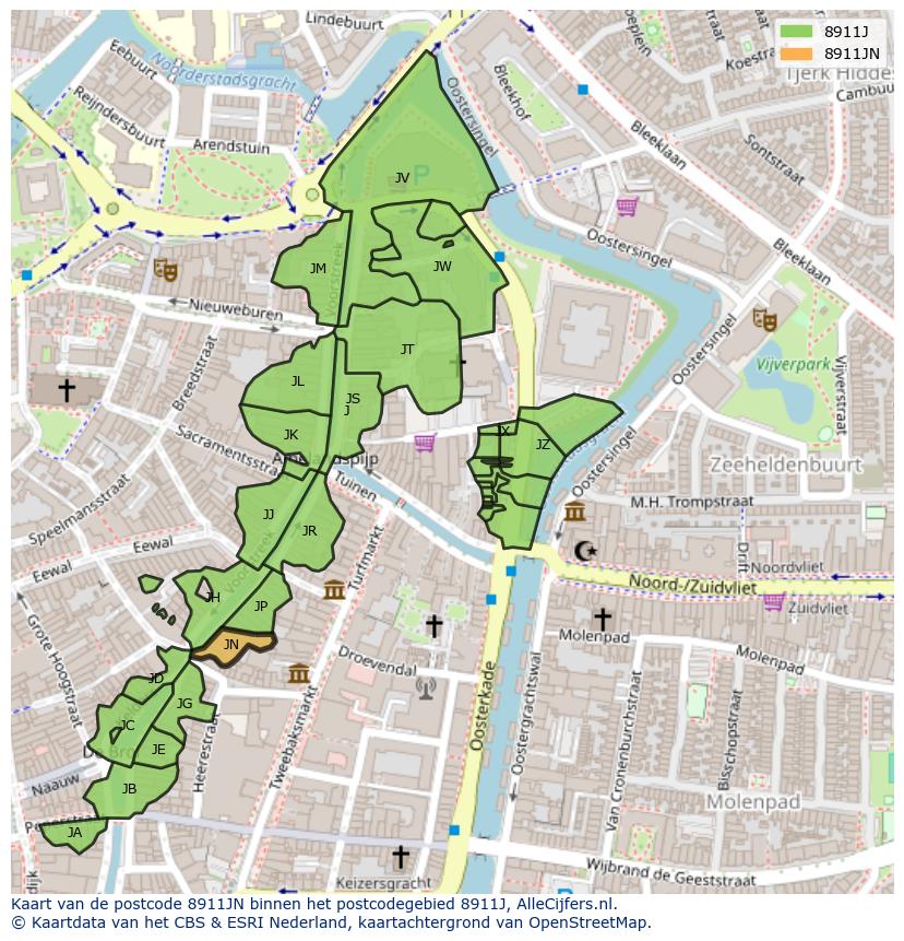 Afbeelding van het postcodegebied 8911 JN op de kaart.