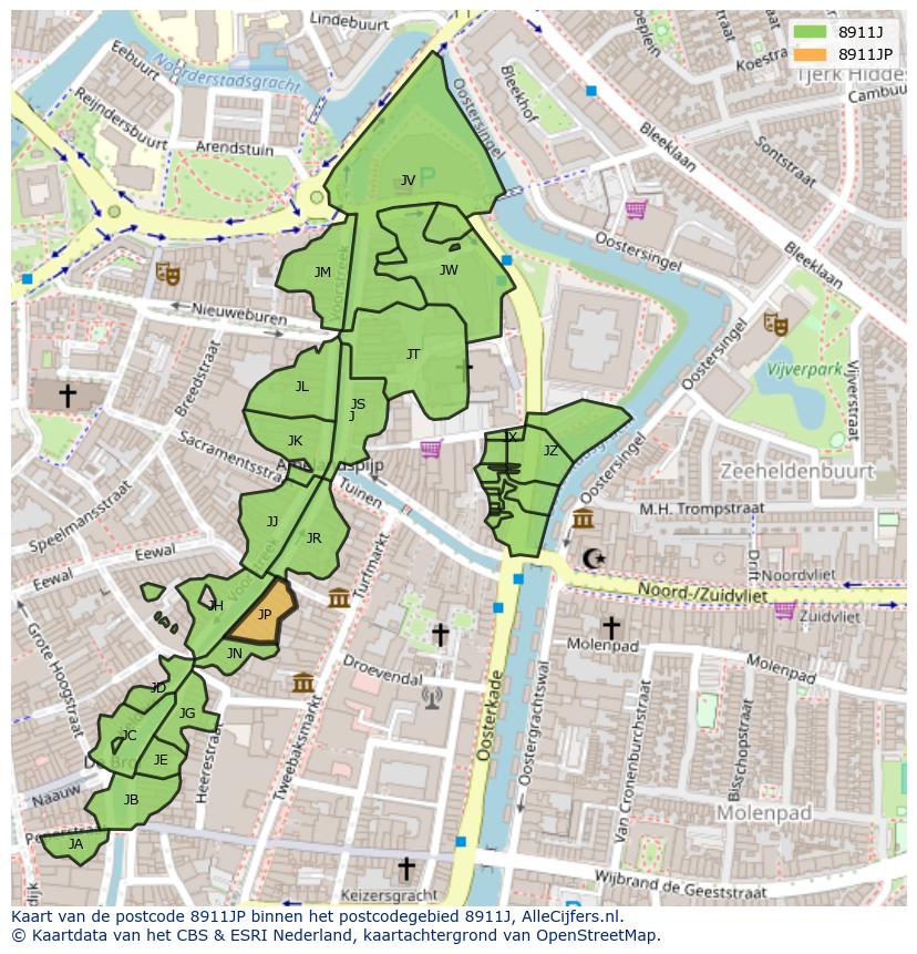 Afbeelding van het postcodegebied 8911 JP op de kaart.