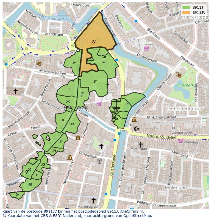 Afbeelding van het postcodegebied 8911 JV op de kaart.