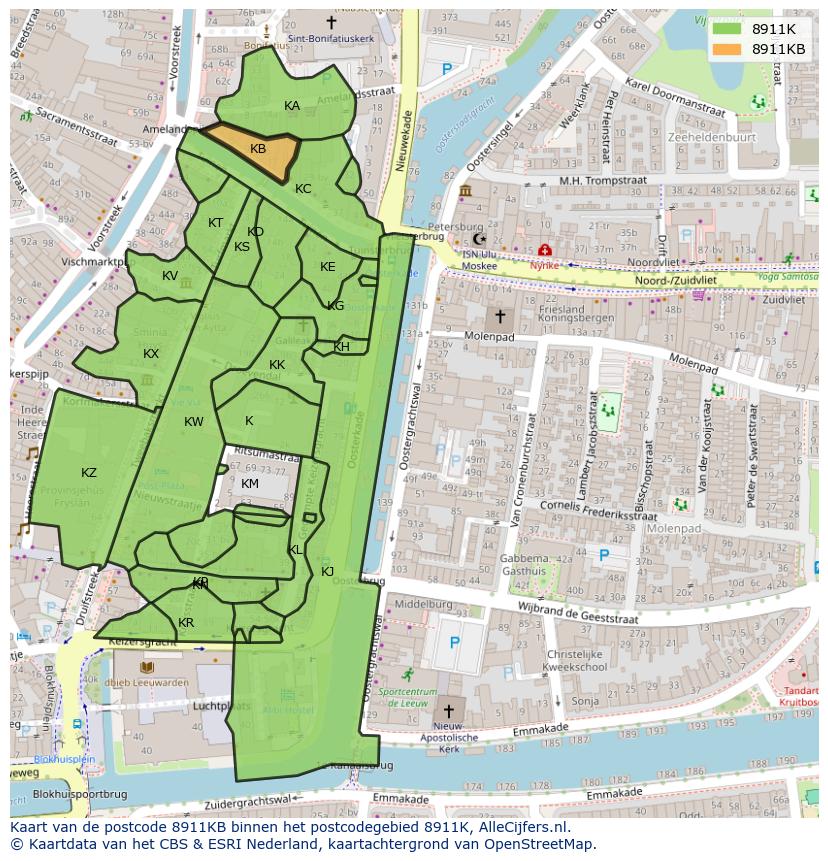 Afbeelding van het postcodegebied 8911 KB op de kaart.