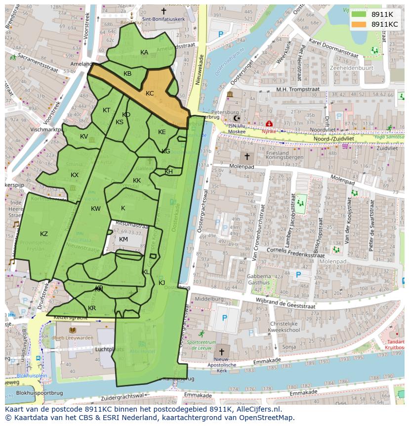 Afbeelding van het postcodegebied 8911 KC op de kaart.