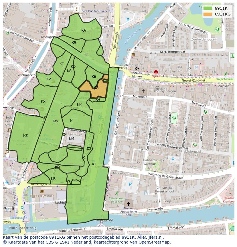 Afbeelding van het postcodegebied 8911 KG op de kaart.